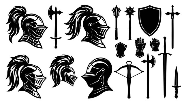 Medieval Knight Armor and Weapons Glyphs: Helmets, Swords, Shields, Maces, Axe, Crossbow Vector Icons Set
