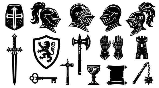 Medieval Knight Armor, Weapons, and Heraldry Glyph Icons Set for History and Fantasy Designs