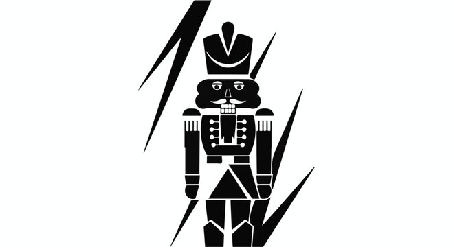 Bold graphic of a traditional nutcracker soldier with stylized lightning bolts
