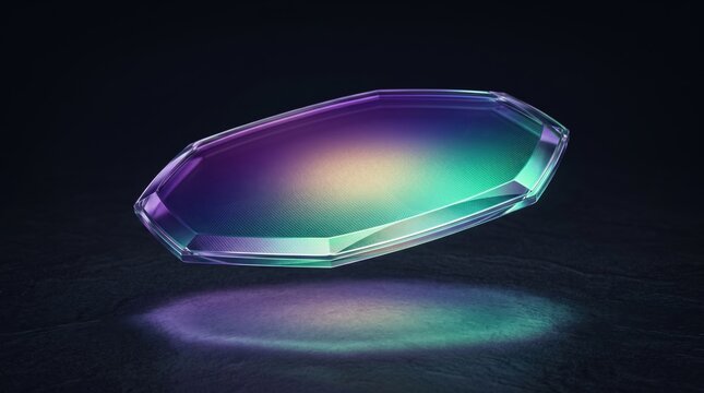 Iridescent faceted geometric crystal object with refracted light levitating over a dark textured surface