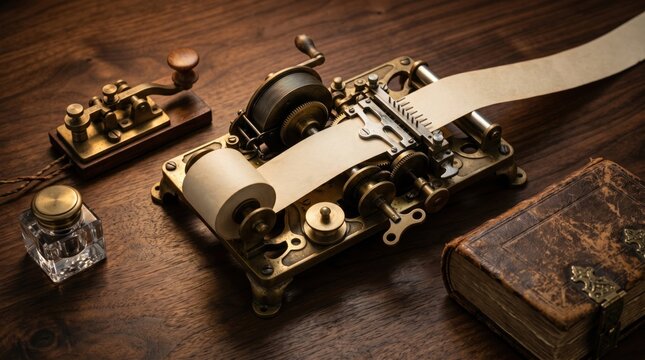 Antique telegraph machine inkwell and leather bound book arranged on a wooden surface