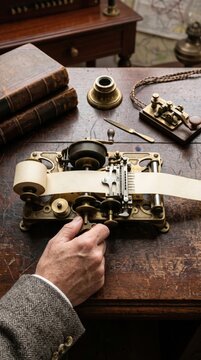 Close up on a hand operating an antique brass telegraph machine with paper tape