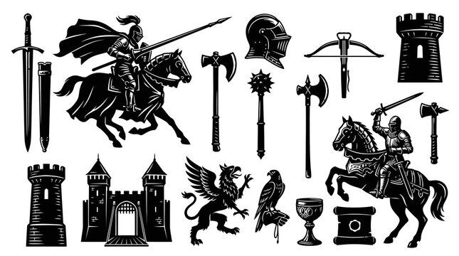 Medieval Knights and Castle Vector Icons - Black and White Line Art Symbols