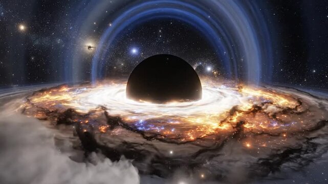 Epic depiction of a black hole with a swirling accretion disk, surrounded by space, stars, and galaxies
