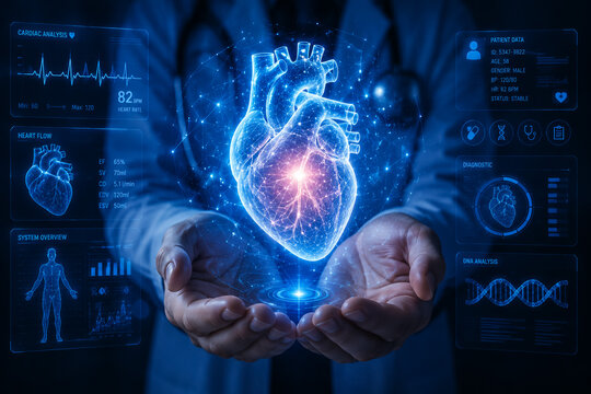 Hands holding glowing digital heart with medical data and futuristic interface