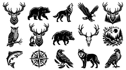 Fototapeta premium Wildlife Animals Nature Set: Vintage Engraving Style Illustrations for Outdoor, Hunting, Forest Designs