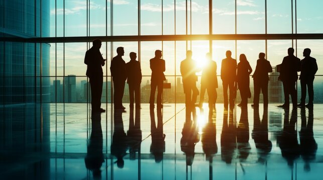 Business professionals standing in a modern office with city skyline and sunrise reflection, symbolizing teamwork, leadership, corporate success, innovation, strategy, and global business growth.