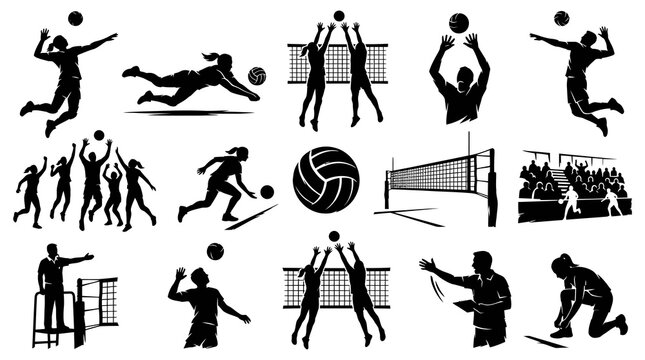 Volleyball Sports Silhouettes Set. Black and White Icons of Players, Ball, Net, Court, Referee, and Coach Glyphs