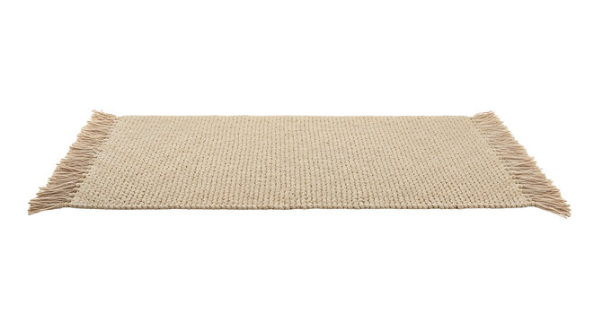 Beige woven rug with fringes isolated on black background