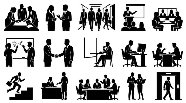 Business People Activities Glyph Icons Set - Corporate Professional Work Scenes Silhouettes Black and White