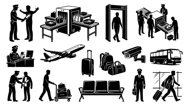 Airport Travel Security and Passenger Check Vector Glyph Icons Set - Black and White Silhouette