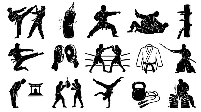 Black and White Martial Arts Icon Set: Fighters, Gear, and Training - Vector Graphics