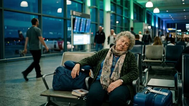 old woman deep sleeping with dream at airport terminal when wait for their vacation flight.