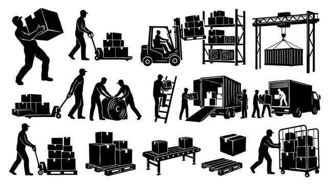 Warehouse Logistics Icons: Workers, Forklift, Pallets, Boxes, Truck, Crane, Black and White