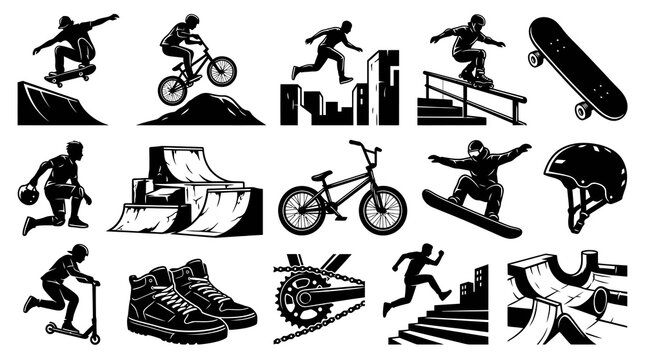 Black and White Vector Icons of Extreme Sports and Activities