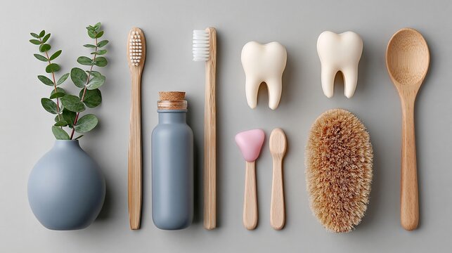 Minimalist dental care setup on plain background. Natural toothbrushes, toothpaste, and toothpaste container arranged. Wooden spoon and brush hint at eco-friendly lifestyle
