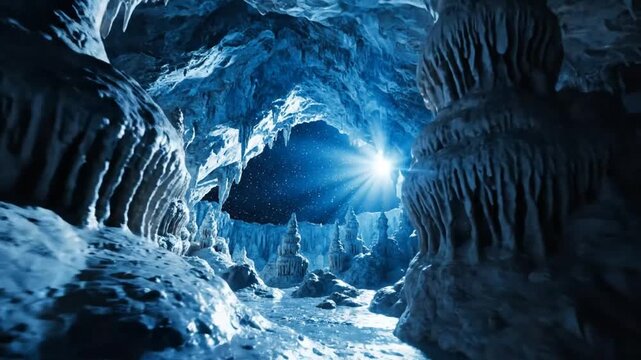 Mystical blue cave interior with natural formations, stalactites, and radiant light from a portal opening