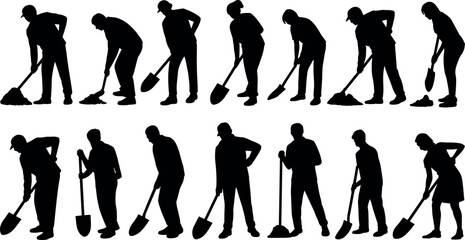 Set of silhouettes representing diverse people manual laborers and gardeners working with shovels digging ground isolated on white background vector © BIPUL