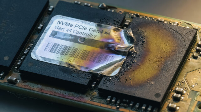 Damaged NVMe PCIe Gen4 SSD Controller with Scorched Surface representing Hardware Failure and Data Loss