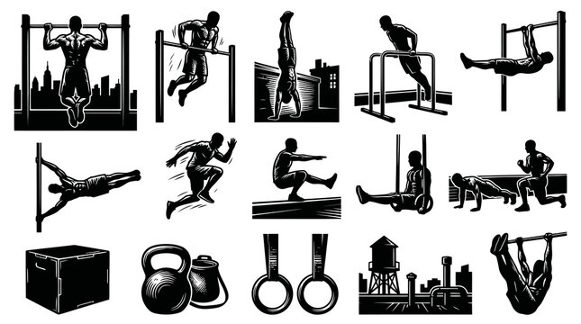 Calisthenics and Street Workout Exercises Vector Set with Athletes and Fitness Equipment in Black and White Woodcut Style