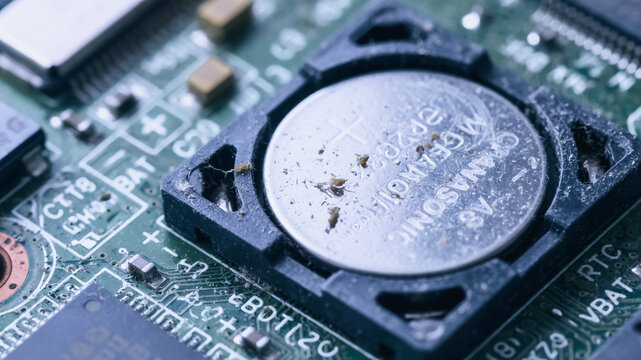 Macro close-up of a dusty CMOS button cell battery on a computer motherboard representing internal hardware maintenance
