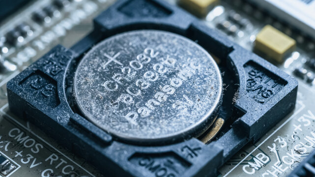 Macro View of a Dusty CR2032 CMOS Battery on a Computer Motherboard representing Hardware Maintenance and Legacy Technology