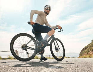 Fototapeta premium Athlete, man and bicycle portrait in road for cycling break, fitness rest and ride safety. Cyclist, mature person and relax on bike for cardio practice, sport exercise or confidence for health