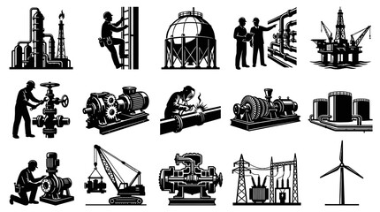 Obraz premium Heavy Industry and Energy Production Engineering Black White Silhouette Vector Icons