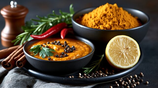 Rich curry sits in a bowl, garnished with peppercorns and parsley. Aromatic spices surround it: turmeric, red chilies, cinnamon sticks. Half a lemon rests nearby