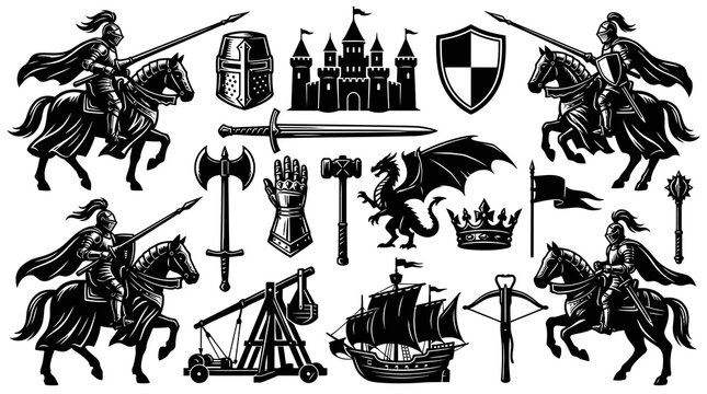 Medieval Knightly Heraldry, Weapons  Warfare Icons - Monochrome Vector Illustration Set