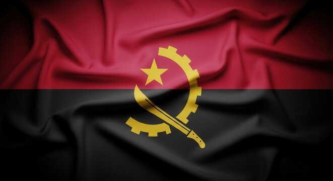 Angolan flag with red, black, and yellow emblem fabric background