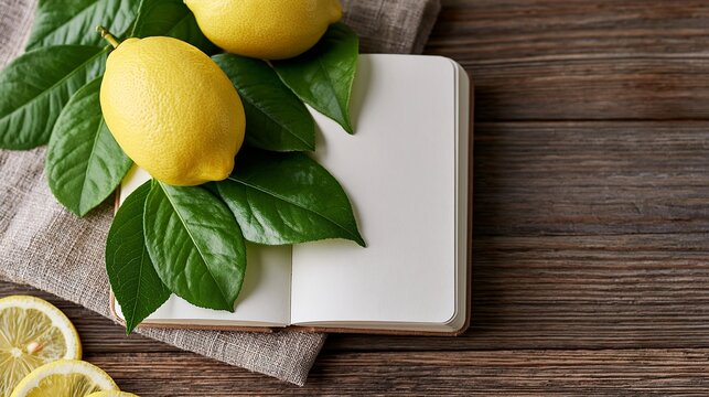 Fresh lemons rest beside a blank notebook on wooden surface. Lush green leaves frame the scene with natural charm. Sliced lemons add texture to the composition