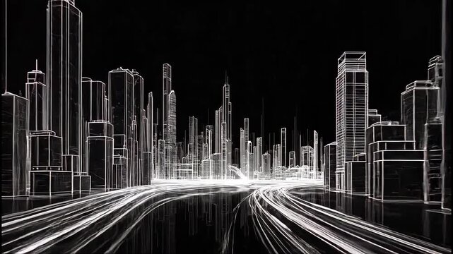 Neon light trails streak through a futuristic, wireframe cityscape at night