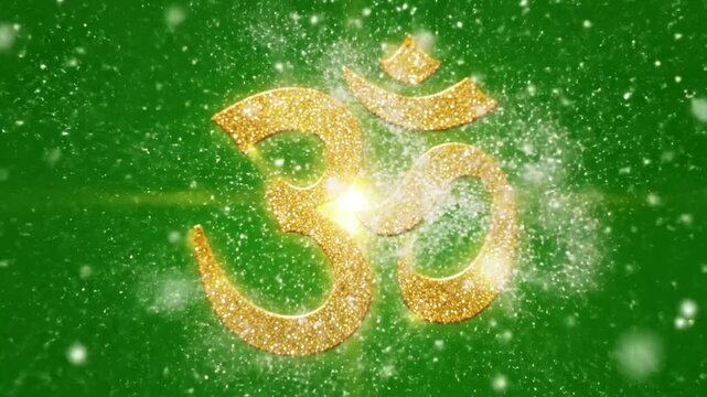 Shining golden Om symbol with glittering particles against green background representing peace and spirituality