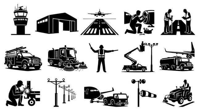 Airport Service Icons: Control Tower, Hangar, Airplane, Fire Truck, Sweeper, Mechanics, Ground Crew, Maintenance