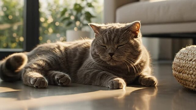 British shorthair cat relaxing indoors in the sunlight with eyes closed, enjoying a peaceful moment of rest