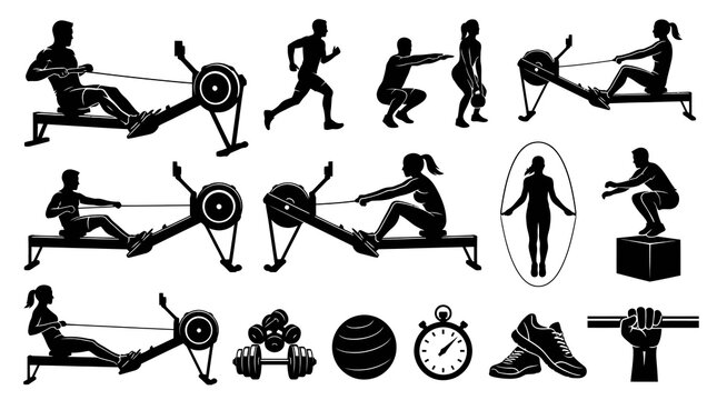 Black  White Silhouette Fitness Workout Icons Set: Gym Exercises, Rowing Machine, and Sports Equipment