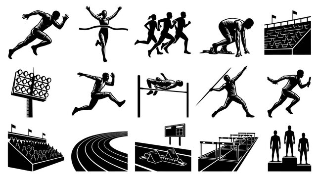 Black and White Track and Field Athletics Sports Icons Set. Glyph Vector Silhouettes of Runners, Jumpers, Throwers.