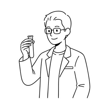 白衣を着た男性研究員の線画イラスト
