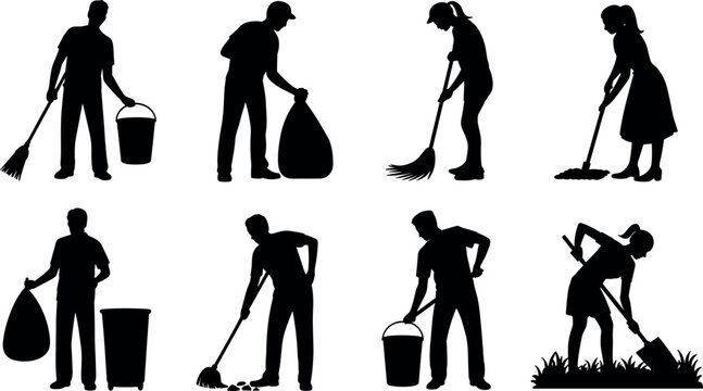 Vector Silhouette Set of People Cleaning Sweeping Mopping and Gardening Outdoor and Indoor Housework Activities for Maintenance and Sanitation Service