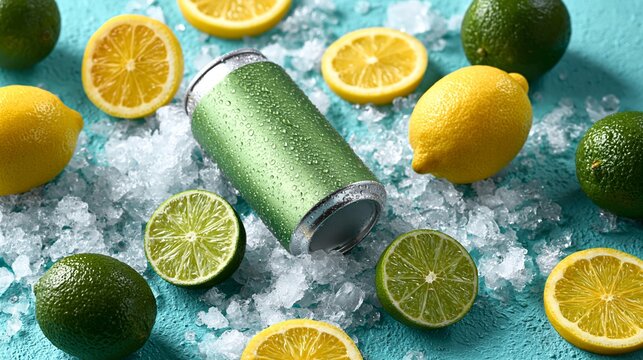Cool green can rests on crushed ice. Citrus fruits surround the can in bright hues. Lemons and limes slice open, fresh and vibrant. Background is a solid, cool turquoise surface