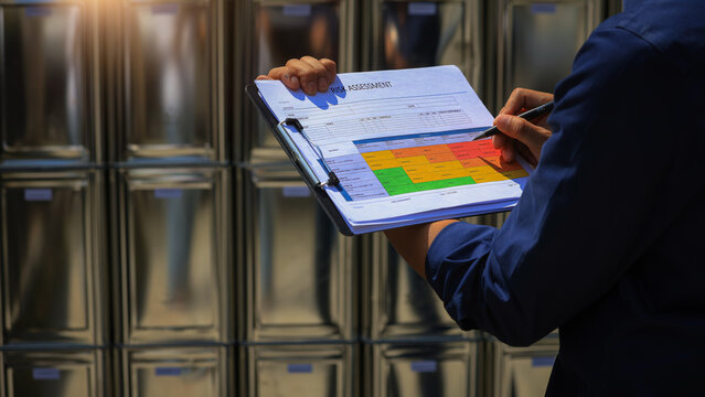 Focused warehouse worker holding clipboard with safety chart doing important hazard analysis for industrial logistics management