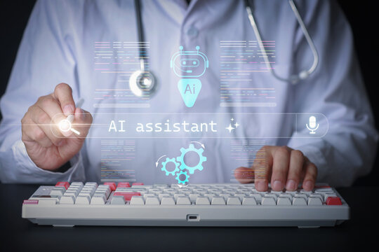 Focused doctor uses modern telemedicine technology with an advanced ai assistant hologram projection above mechanical keyboard