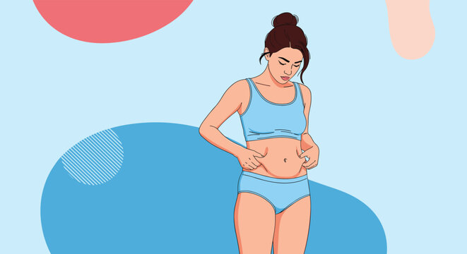 Young woman wearing blue underwear checks the fat on her waist while standing against an abstract background of soft shapes and patterns.