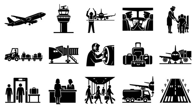 Aviation and Airport Services Glyph Icons Set - Black and White Solid Air Travel Symbols Collection