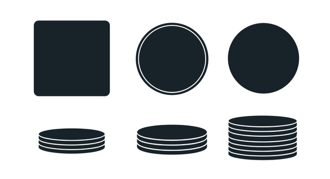 Set of black circular and square drink coasters or tokens are shown from different perspectives including top and stacked views.