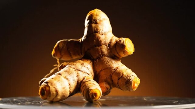 Turmeric root rotating on a glass surface against a warm brown background