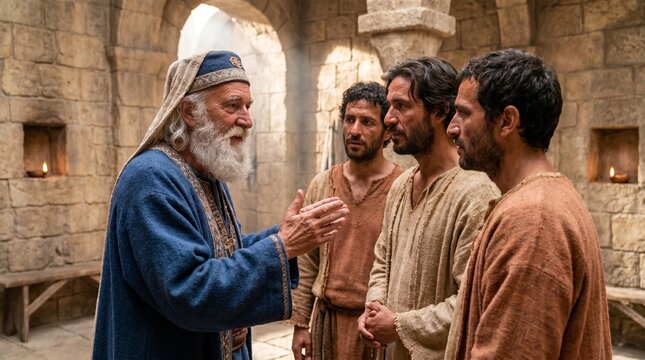Ancient Jewish High Priest in blue robes speaking with three disciples in a stone courtyard in Jerusalem.