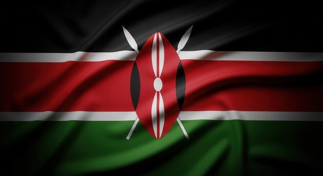 Kenyan flag waving with vibrant colors and detailed fabric texture