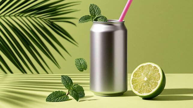 Sleek can gleams beside mint and lime. Pink straw adds a playful touch to the scene. Leafy greens cast soft shadows on the surface. Fresh, crisp, and refreshing - perfect for summer vibes